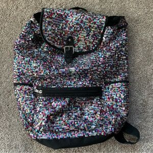 Justice Backpack Sequins Rainbow Multicolor Sparkle Flap Closure Cord Drawstring